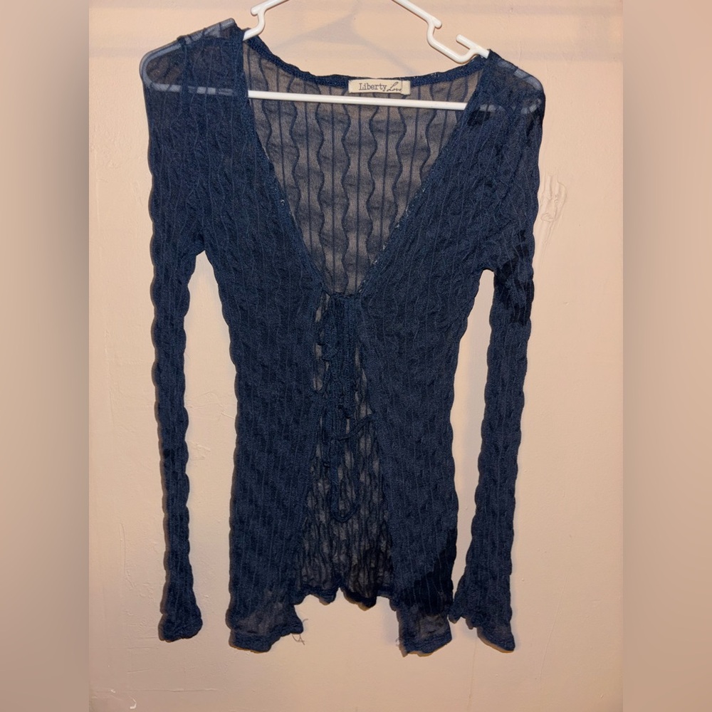 Navy Sheer Knit Long Sleeve Top